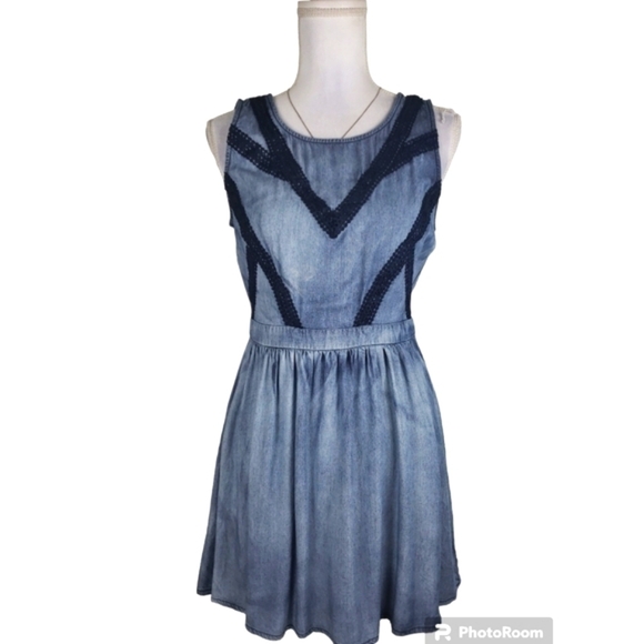 Miss Me Denim Chambray Blue Mini Flare Dress Skater Western Size M Rodeo. - Picture 4 of 12